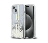 GUESS Glitter Liquido Strisce Dorate Plus COVER per Apple iPhone 15 Plus, Trasparente