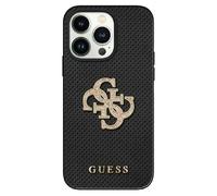 GUESS GUHCP15SP4LGK - Custodia rigida per iPhone 15 da 6,1", in pelle, 4G, con logo glitterato, colore: Nero