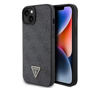 Guess Custodia rigida pelle PU 4G con strass Triangle Metallo Logo per iPhone 15 6,1 Nero