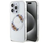 Guess GUHMP15XHFWFCT Custodia per iPhone 15 PRO Max Custodia Rigida Trasparente da 6,7 Pollici IML Corona di Fiori