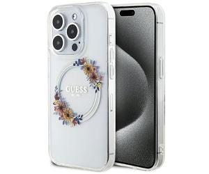 Guess GUHMP15XHFWFCT Custodia per iPhone 15 PRO Max Custodia Rigida Trasparente da 6,7 Pollici IML Corona di Fiori