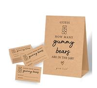 Guess How Many Gummy Bears Baby Shower Gioco, decorazioni per baby shower a tema orso, giochi per baby shower di genere, giochi per doccia nuziale, giochi per doccia nuziale, 1 cartello Kraft e 50 carte Kraft Set