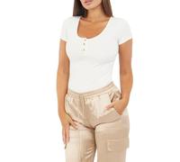 GUESS Maglietta da donna Eco a maniche corte Sandwash Rib Karina, Gelato al Burro, S
