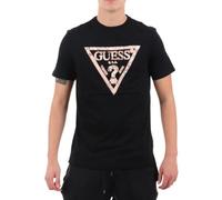 GUESS Maglietta da uomo, nero, con logo triangolare metallico in rosa dorato, manica corta, Nero , M