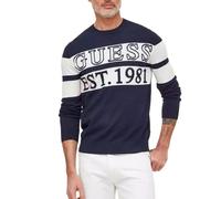 GUESS Men's Bruno Long Sleeve Crew Neck Logo Sweater, Smart Blue