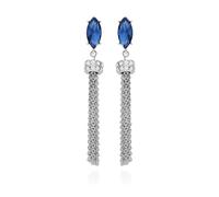 GUESS Orecchini lineari con frange lunghe con pietra di cristallo blu argento