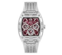 GUESS Orologio da polso analogico al quarzo, cinturino in silicone, vetro minerale, cassa in policarbonato, 50WR, Quadrante rosso, cassa trasparente, cinturino trasparente, Classico
