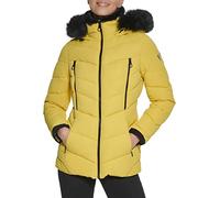 GUESS Women's Midweight Puffer Jacket, Hooded Highlighter, Small