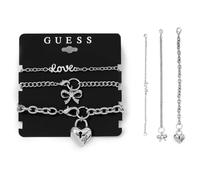 Guess Set Di 3 Filo Color Argento Ciondolo Catena Bracciale + Strass Logo Cuore