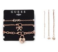 Guess Set Di 3 Filo Rosa Color Oro Ciondolo Catena Bracciale + Strass Logo Cuore