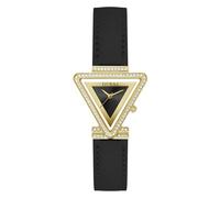 GUESS US - Orologio analogico da donna con triangolo dorato e pelle nera, Nero, Cinturino
