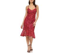 Guess Women's Lace Midi with Flounce Hem Dress, Wine, 10
