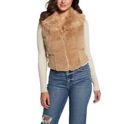 GUESS Women's Sleeveless Emma Fur Vest, Khaki Tan Multi