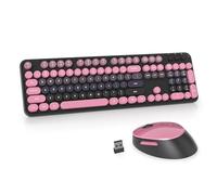 Guffercty kred Tastiera e mouse wireless nero e rosa, macchina da scrivere retrò carina colorata tastiera wireless full-size 2,4 GHz con copritasti rotondi per computer portatili e PC desktop (rosa