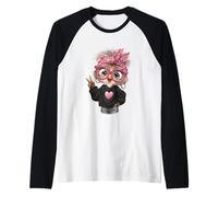 Gufo Ragazza Kawaii Uccello Segno della Pace Occhiali Rosa Grafica Pop Maglia con Maniche Raglan