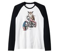 Gufo, su, Moto, con, Bandiera Americana Maglia con Maniche Raglan