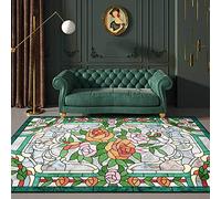 GUGJHFVH Tappeto lavabile per soggiorno, antiscivolo, morbido, a pelo corto, per camera da letto, decorazione per interni, stile retrò, fiori pastorali, verde grigio, 150 x 180 cm