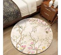 GUGJHFVH Tappeto Rotondo da Salotto Camera da Letto Sala da Pranzo ø 60cm, Fondo antiscivolo Lavabile Retro Fiori Orientali E Uccelli Beige Rosa
