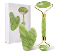 GUGUG Rullo di Giada e Gua Sha in Pietra per Massaggio Viso,Occhi e Corpo | Set da massaggio per viso,contorno occhi e corpo;rullo a doppia estremità e Gua Sha,ideale con siero e per uso quotidiano.