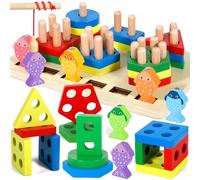 GUHAOOL Giocattoli per Bambini Montessori, 2 in 1 Forme Geometriche Ordinamento e Impilamento Block Board con Gioco di Pesca,Giocattolo in Legno, Regali Natale per Bambini 1 2 3 Anni Ragazzi Ragazze