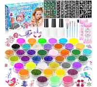 GUHAOOL Kit di Tatuaggi Glitterati, Kit Tattoo Temporanei per Bambini, Temporary Glitter Tattoo, Kit di Tatuaggi Glitterati Tatuaggio Temporaneo, 41 Colori Glitter con 159 Stencil, Regalo per Ragazza