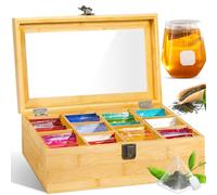 GUHAOOL Scatola da tè, Scatola Porta tè e Tisane 10 Scomparti 29.5 x 16 x 9 cm, in Legno, con Coperchio in Vetro Acrilico, Porta Tisane Bustine Porta Tisane Legno, Ideale per Bustine da tè, Naturale
