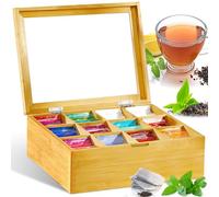 GUHAOOL Scatola da tè, Scatola Porta tè e Tisane 12 Scomparti 28 x 22.5 x 9 cm, in Legno, con Coperchio in Vetro Acrilico, Porta Tisane Bustine Porta Tisane Legno, Ideale per Bustine da tè, Naturale