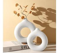 GUHAOOL Set di 2 Vasi in Ceramica a Ciambella Bianca, per Erba di Pampa, Cavo Rotondo Nordico, Moderni Boho Decorativi per Soggiorno, Casa, Tavolo, M+S