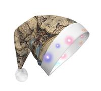 GUHAOT Cappello di Babbo Natale con stampa di mappe antiche mappe del mondo, cappello di Babbo Natale a LED, 3 modalità di illuminazione, cappello natalizio per feste in costume