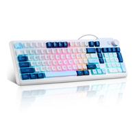 Guiheng Tastiera da gioco con LED arcobaleno cablato, simpatica tastiera cremosa con manopola del volume, tastierino numerico per ufficio, gaming, bianco e blu