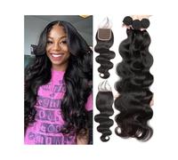 guiling-1986 Extension Capelli Pacchetti con Chiusura 12-30 Pollici Body Wave Brasiliano Vergine Tessitura Capelli 3 Pacchetti con Chiusura in Pizzo 4x4 Extension Capelli Veri(22 22 22 Closure20)