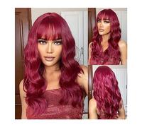 guiling-1986 Parrucche Parrucche sintetiche ricce lunghe rosso vino bordeaux con frangia Parrucca cosplay di media lunghezza for donna Capelli afro resistenti al calore naturale Parrucca da donna