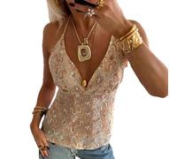 Guiran Top estivo da donna Y2K - girocollo scintillante con paillettes, motivo floreale e perline, top sexy con schiena scoperta camisole, Giallo 1#, M