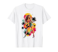 Guitar Tropical Girl Sunset Palm Summer Music Vibes Maglietta