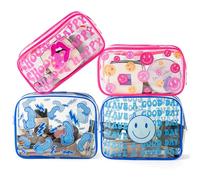 GUjianzhi Preppy rosa blu trasparente cosmetici borse, 4 pezzi Have A Good Day Happy Face borsa trucco trasparente PVC impermeabile portatile articoli da toeletta pochette astuccio con cerniera