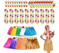 Gukasxi Set di 50 gonne hawaiane in erba e ghirlande hawaiane, 10 gonne hawaiane in erba, 10 leis hawaiane, 10 collane con fiori Luau e 20 braccialetti tropicali, bomboniere hawaiane Luau