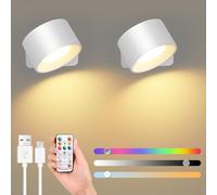 GuKKK Applique da Parete Interno, 2 Pcs RGB Lampada da Parete a LED, Applique da Parete Controllo Touch, Applique a Batteria con Funzionamento a Batteria, Ruotabile a 360° 3 Luminosità (Bianco)