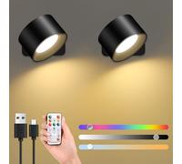 GuKKK Applique da Parete Interno, 2 Pcs RGB Lampada da Parete a LED, Applique da Parete Controllo Touch, Applique a Batteria con Funzionamento a Batteria, Ruotabile a 360° 3 Luminosità (Nero)
