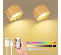 GuKKK Applique da Parete Interno, 2 Pcs RGB Lampada da Parete a LED, Applique da Parete Controllo Touch, Applique a Batteria con Funzionamento a Batteria, Ruotabile a 360° 3 Luminosità (Legna)
