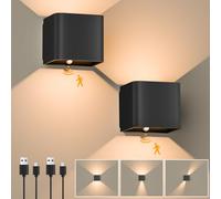 GuKKK Applique da Parete Interno, 2 Pezzi Luci da Parete a Batteria con Sensore di Movimento, 3000K Bianco Caldo Wireless Wall Light, Angolo del Fascio Luminoso Regolabile (Nero)