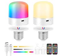 GuKKK Lampadina Ricaricabile USB C Con Telecomando, 2 Pezzis E27 Dimmerabili LED di Ricarica Rimovibile, Lampadina Ricaricabile Magnetica, 2000 Mah RGB Colore, Luce di Emergenza Con Gancio