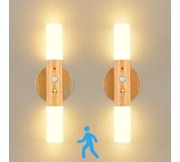 GuKKK LED Lampada da Parete Interno, 2 Pcs Lampada da Parete Ricaricabile USB in Legno con Sensore di Movimento a Induzione, Applique a Batteria con Funzionamento a Batteria, Ruotabile a 360°