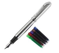 Gullor Medium Fine Nib Smooth Fountain Pen 750 Original Pen Pouch and Ink Cartridge Set - Silver