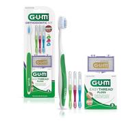 GUM - Kit ortodontico 124KK - Spazzolino da denti ortodontici, 3 misure Proxabrush, filo interdentale EasyThread e cera orto-menta