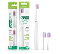 GUM Sonic Battery Power Spazzolino da denti con setole affusolate per pulire sotto il bordo gengivale, colore bianco, 1 manico (1 ct) + 2 ricariche (2 ct. 1 pk)