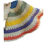 GUMEI Donna Ragazza Cappello con Visiera Parasole in Paglia Intrecciata all'Uncinetto Cappello a Secchiello Ripiegabile a Strisce Arcobaleno