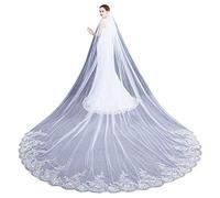 GUMEI Velo da Sposa 4M One-Layer Women Trailing Cathedral Velo da Sposa Lungo Ricamato Floreale in Pizzo Applique Bordo Smerlato Velo da Sposa con Pettine