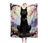 Gumntun Coperta Pile Matrimoniale 220x240 Gatto Nero Ragazza Fiori Di Pesco, Leggero Traspirante Coperta Plaid in Flanella, Super Morbido 3D Stampa Coperta Pile per Letto Divano_24757a