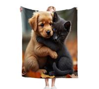 Gumntun Coperta Plaid Matrimoniale in Pile 240x260 cm Cane Giallo e Gatto Nero, Coperta in Flanella con Stampa 3D, Morbida Delicato Sulla Pelle Plaid da Letto per Bambini Adulti