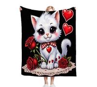 Gumntun Coperta Plaid Singolo 130x150 cm Gatto Con Cuore e Rose, 3D Coperta di Flanella Pile Divano Plaid, Microfibra Morbido Durevole e Caldo Coperte per Bambini Adulti_B16724